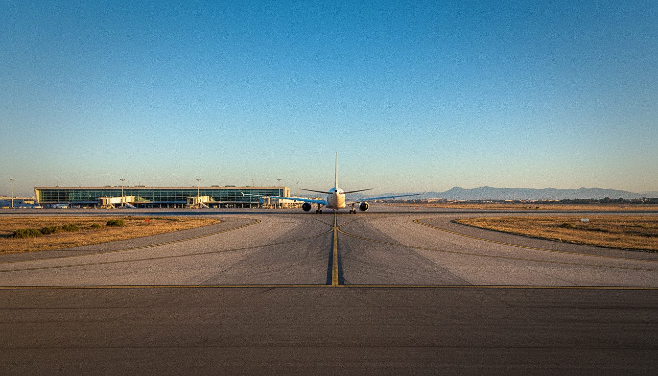 Terminal de aeropuerto con un avión en pista al fondo, sin personas