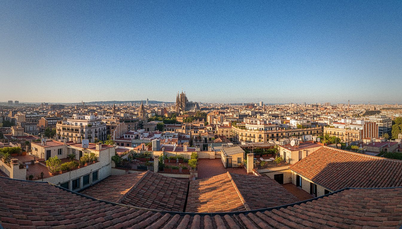 Vista general de tejados y azoteas de Barcelona al atardecer, sin personas