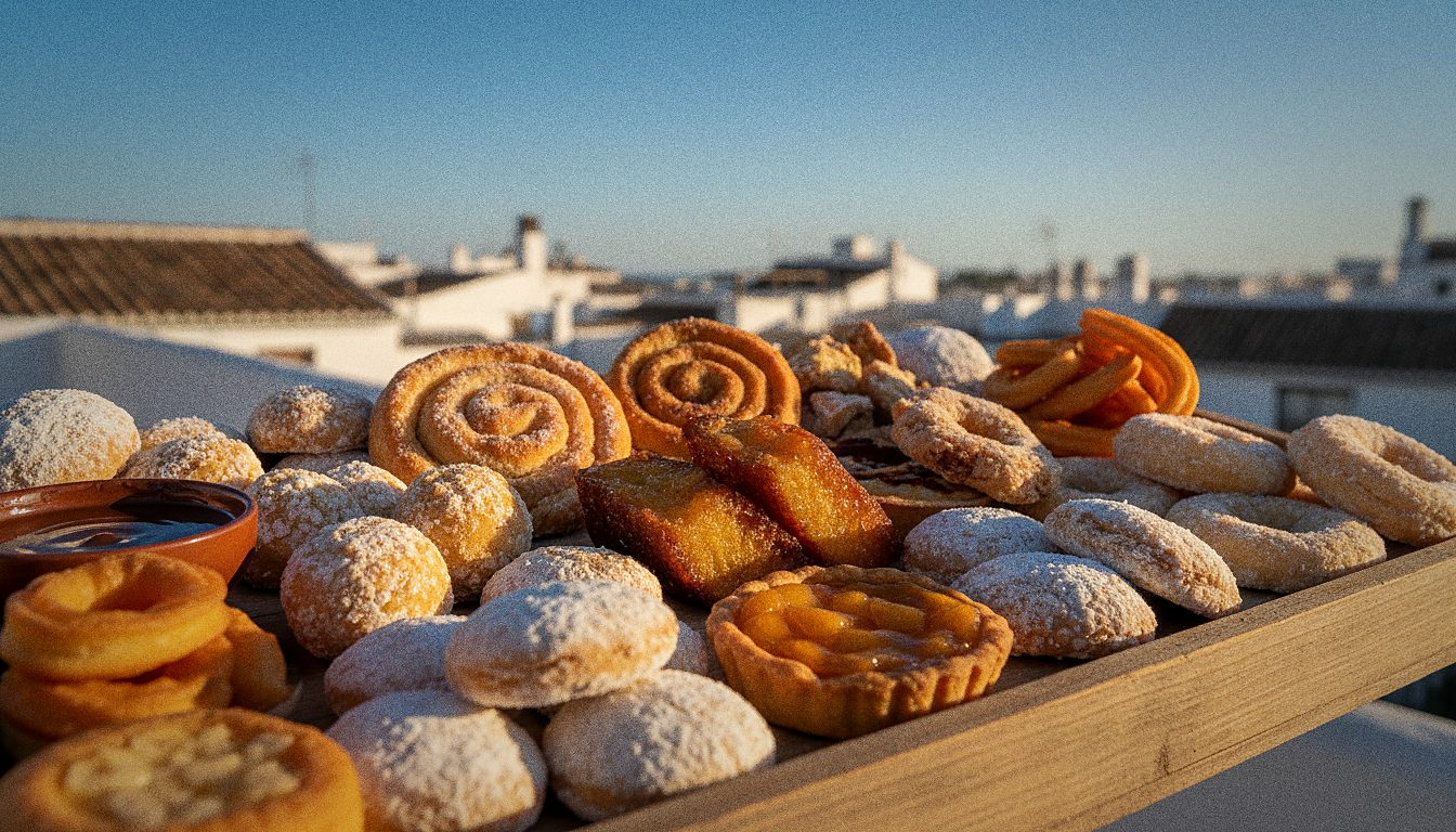 Bandeja de madera con distintos dulces tradicionales españoles, sin personas