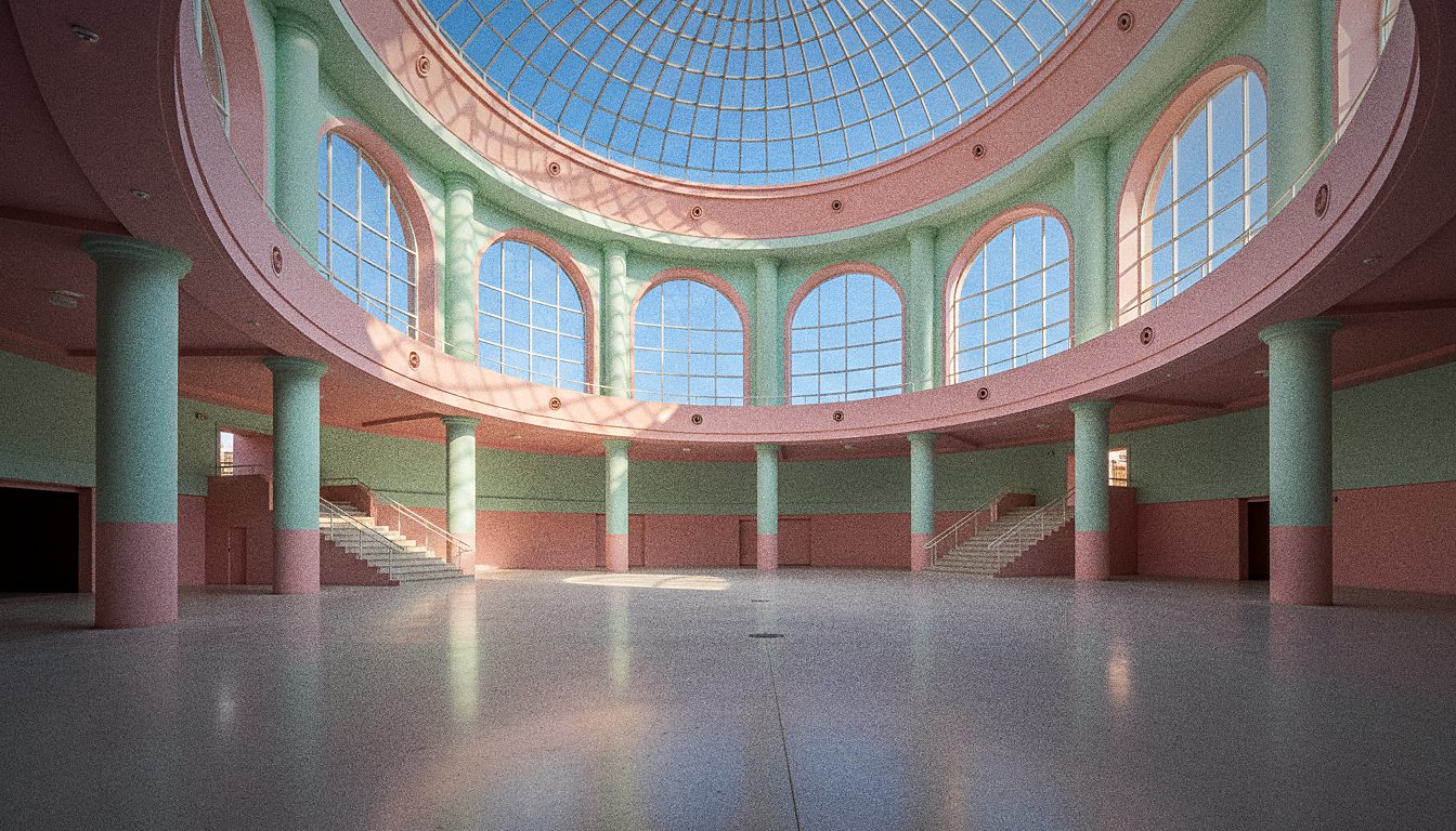 Espacio interior de estilo pastel en tonos rosa y menta, sin personas