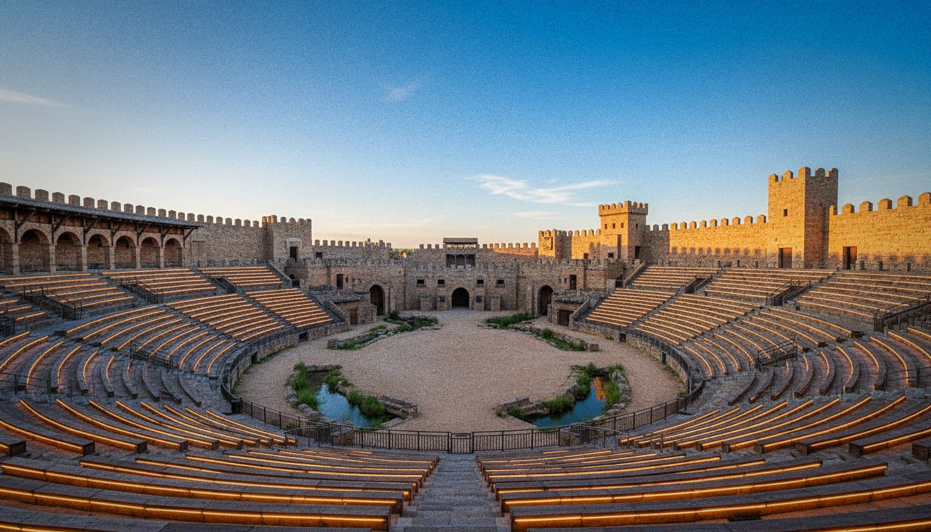 Arena de espectáculo nocturno con gradas iluminadas, sin personas