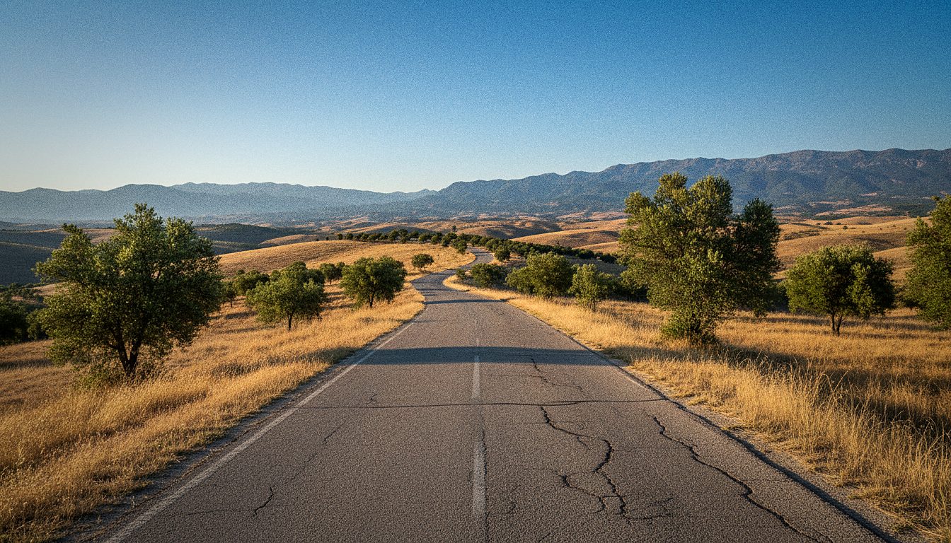 Carretera y paisaje de viaje en un día soleado, sin personas