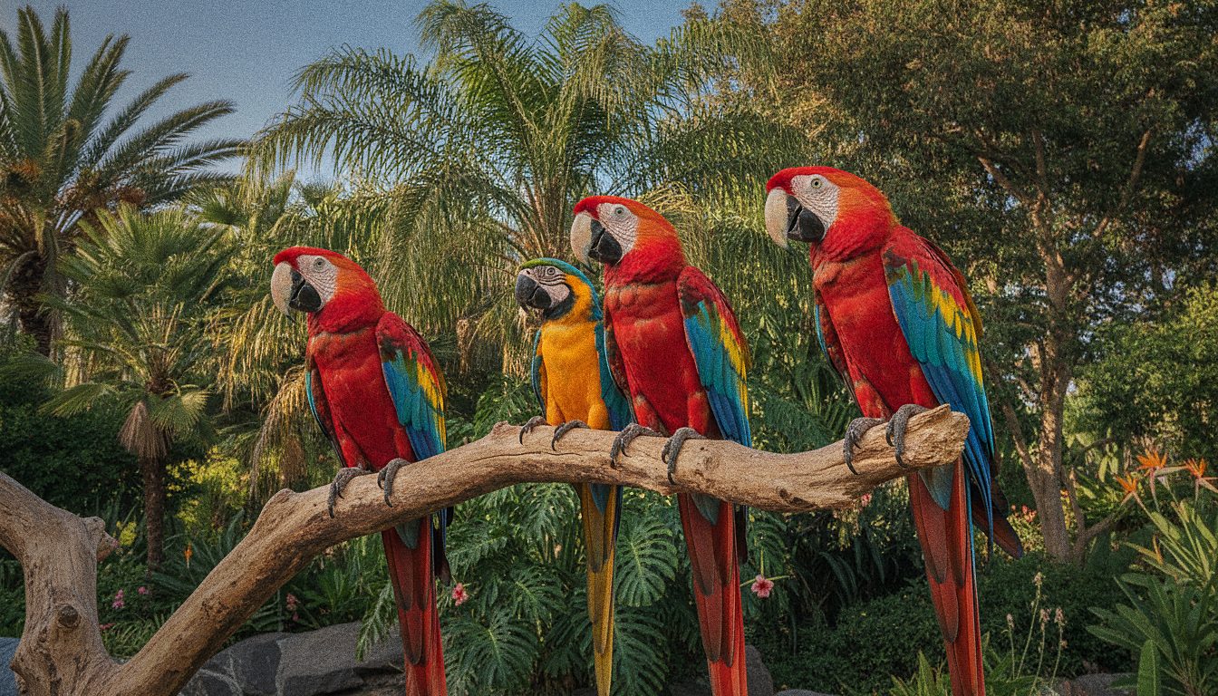 Tres guacamayos de colores posados en una rama en un jardín tropical