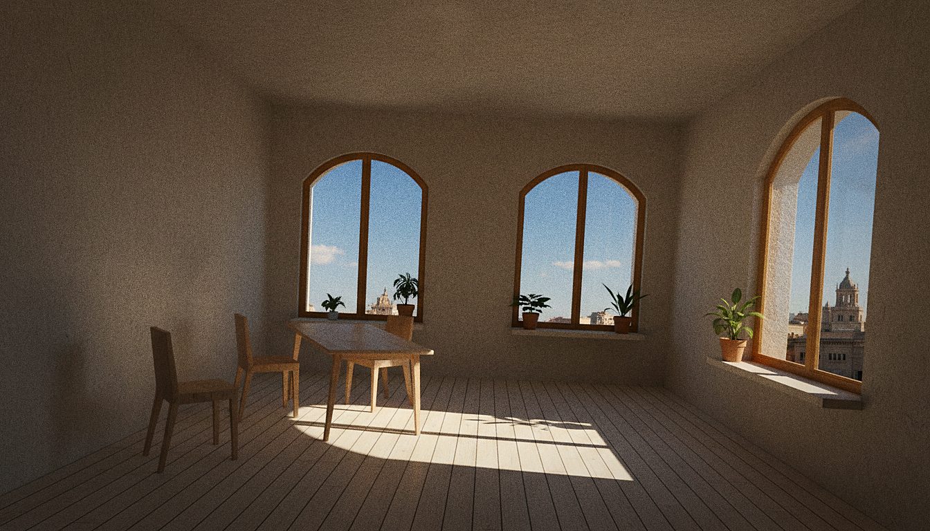 Habitación de perspectiva forzada con suelo y paredes inclinadas, sin personas
