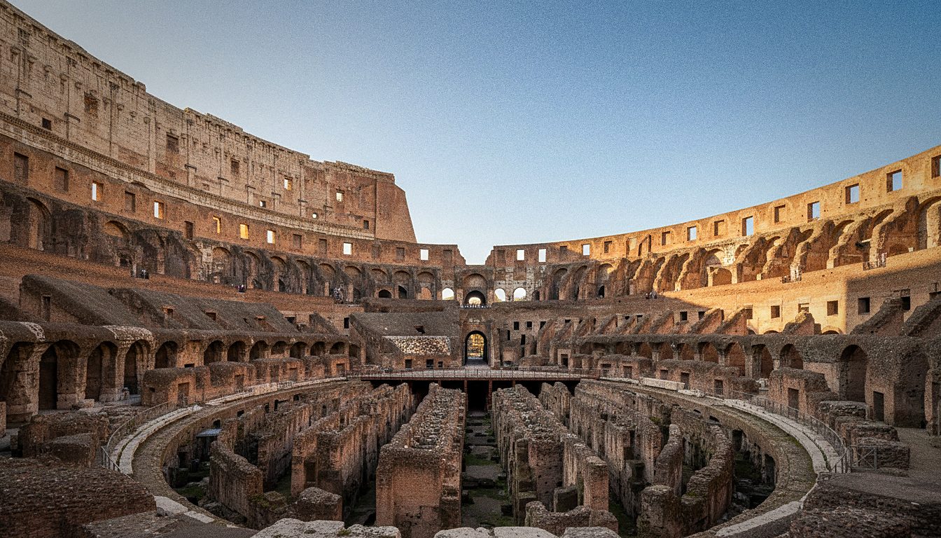 Graderías interiores de un anfiteatro romano en ruinas, sin personas