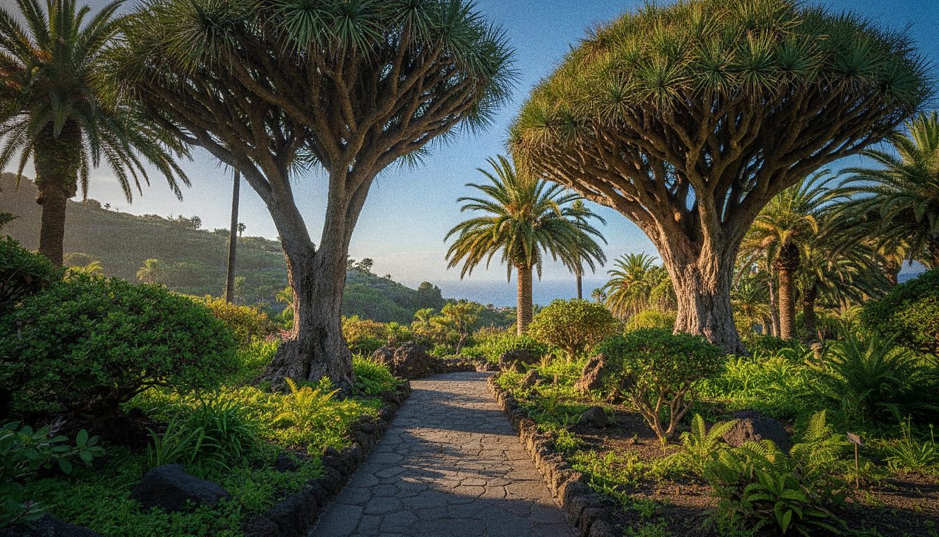 Sendero entre palmeras y dragos en un jardín subtropical de Tenerife, sin personas