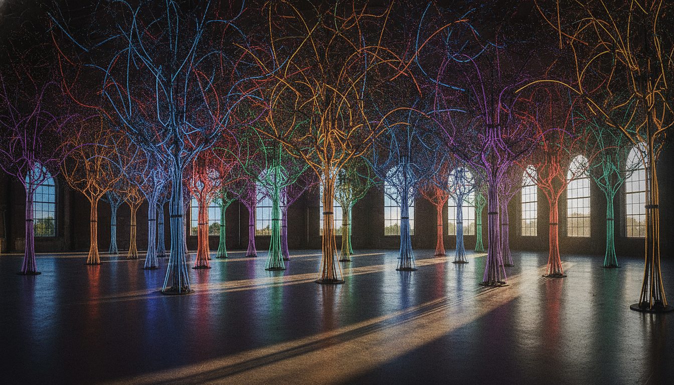 Instalación de luces de neón de colores en una sala oscura, sin personas