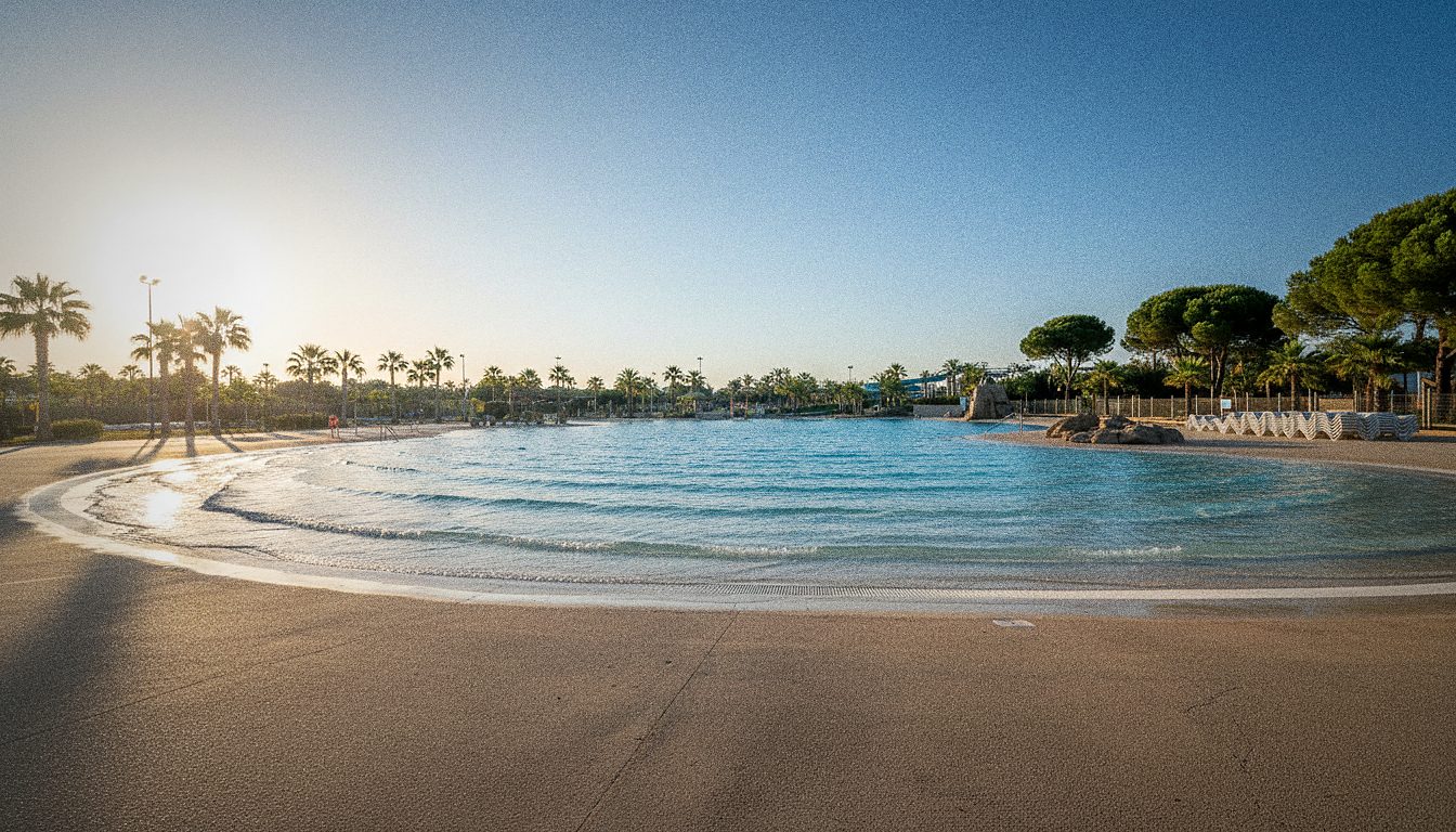 Piscina de olas de un parque acuático en un día soleado, sin personas