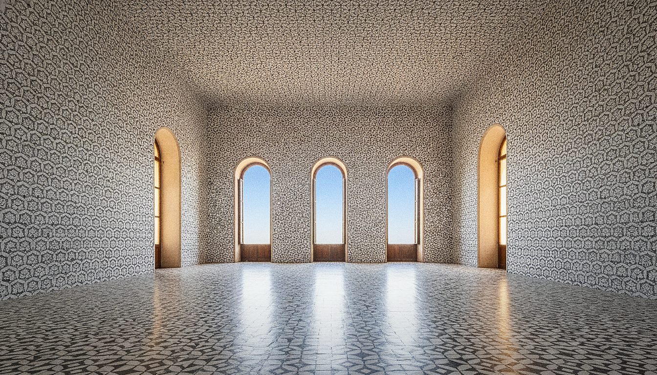 Sala de patrones geométricos en blanco y negro típica de un museo de ilusiones ópticas, sin personas