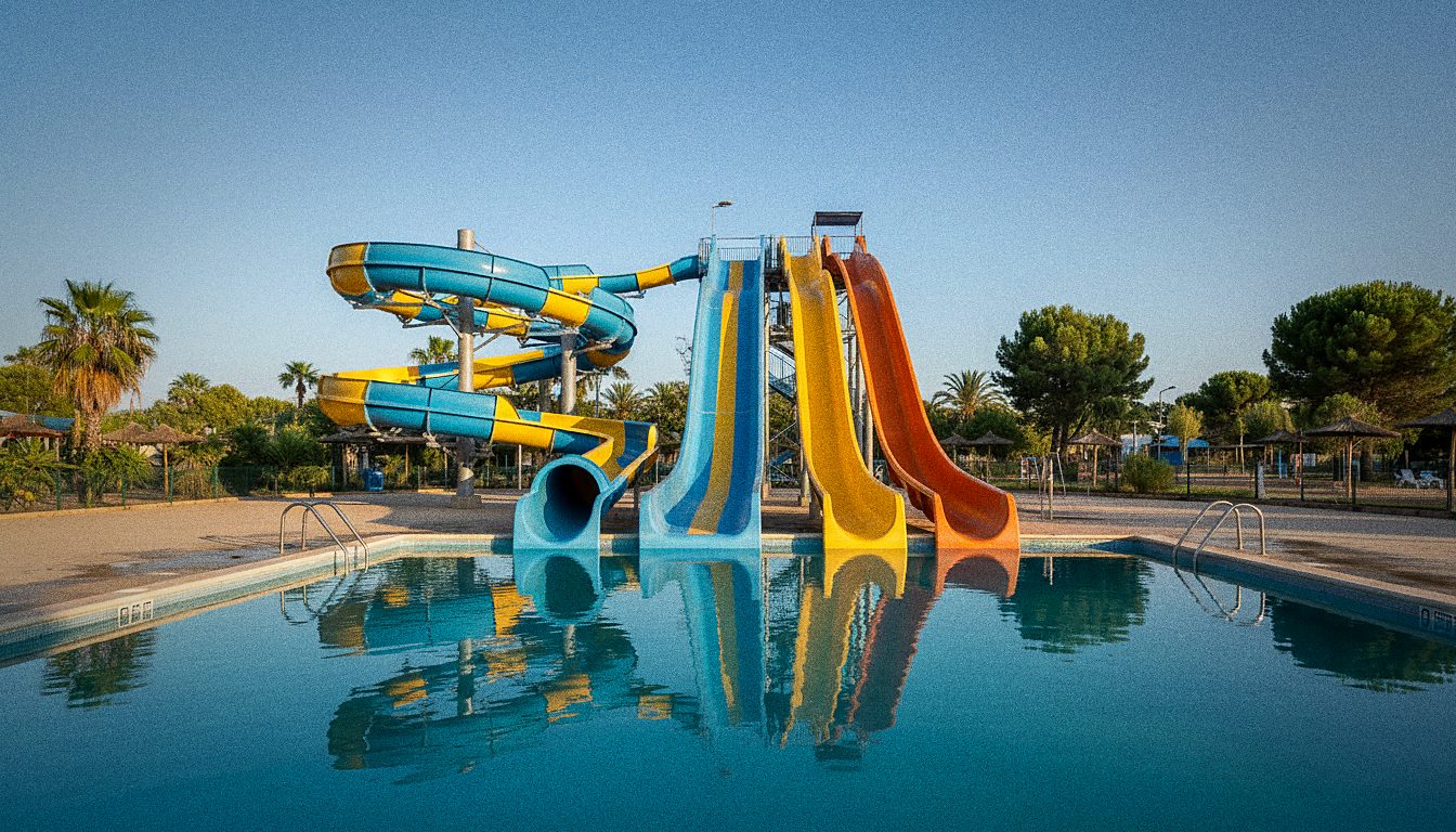 Tobogán de un parque acuático contra un cielo azul despejado, sin personas