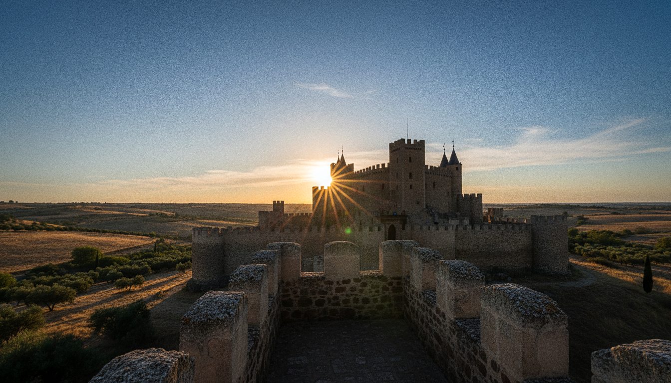 Silueta de un castillo medieval sobre un cielo anaranjado de atardecer, sin personas